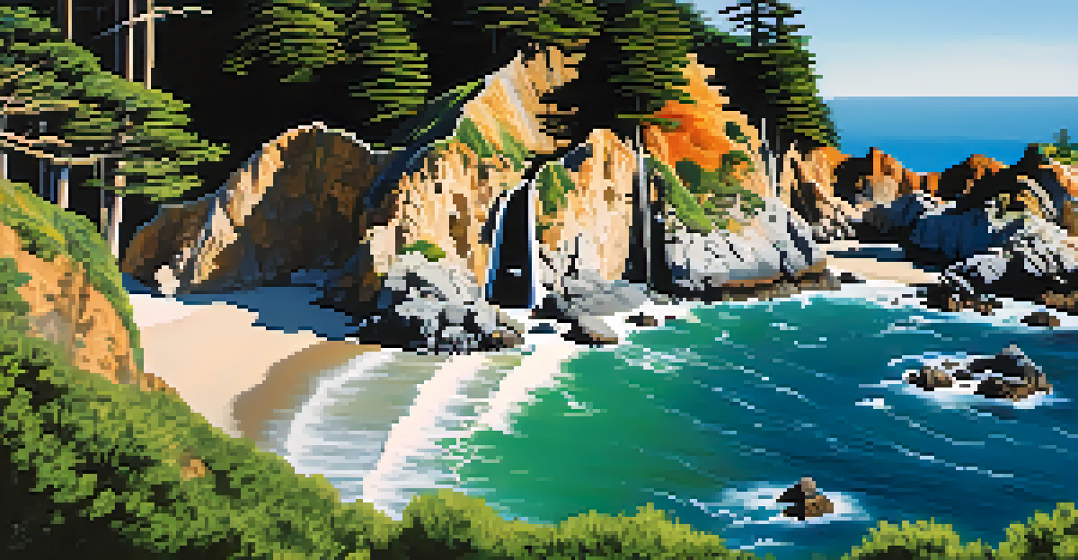 A stunning view of McWay Falls in Big Sur, with water flowing onto the beach and lush greenery surrounding the cliffs.