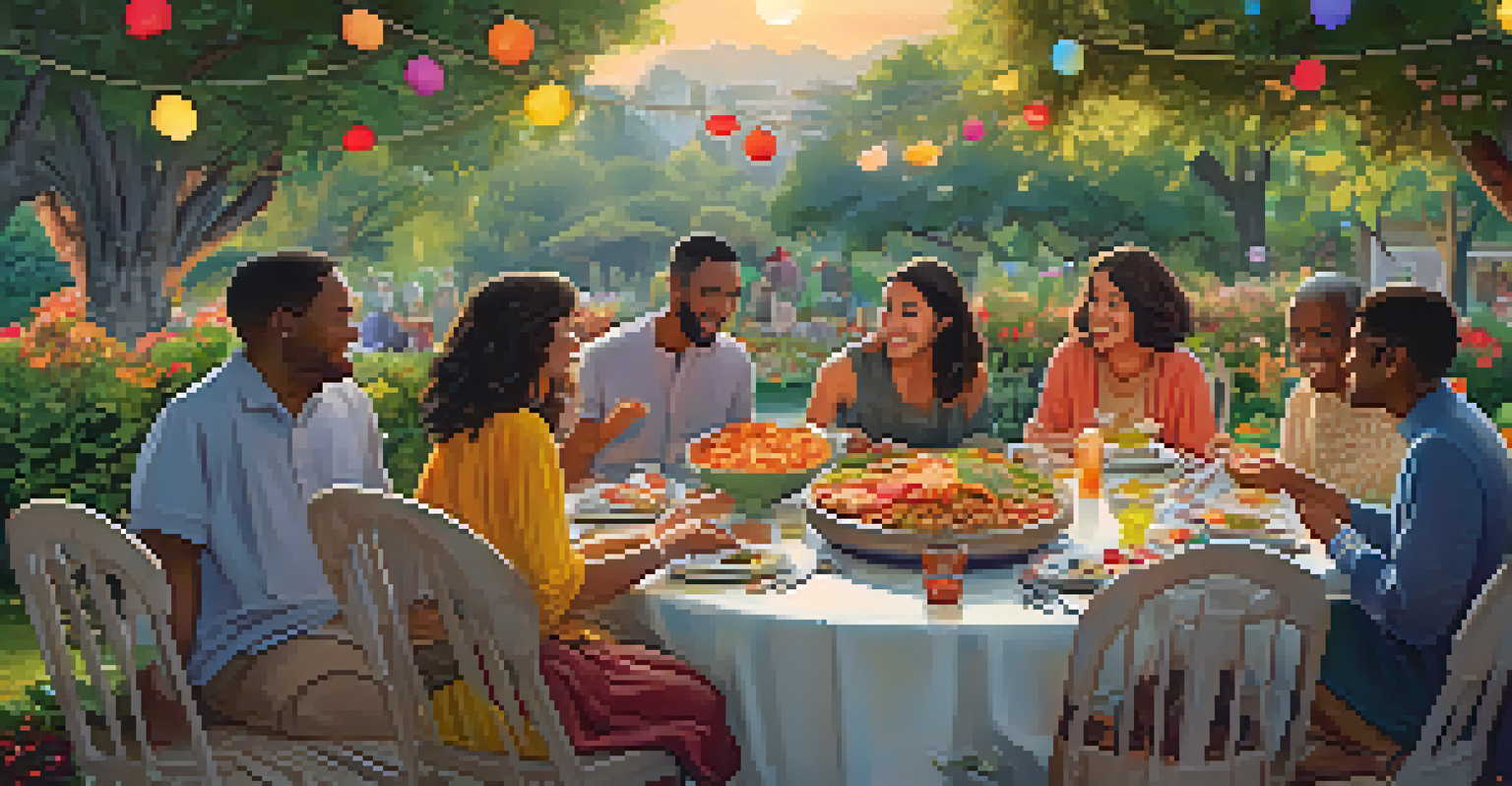 A lively potluck gathering in a garden, where people share diverse dishes and connect over food, illuminated by fairy lights.