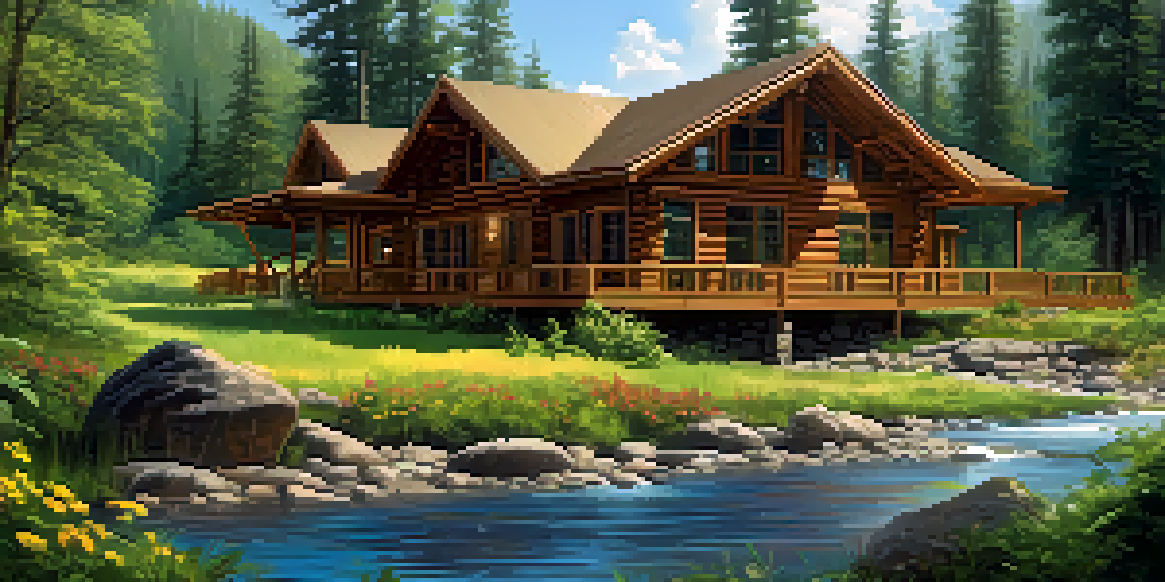 An eco-friendly lodge made of wood surrounded by a green forest with sunlight filtering through trees.