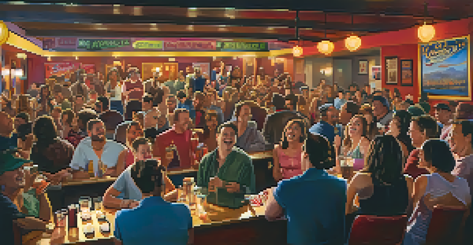 A vibrant comedy club scene in Los Angeles with a comedian performing and an audience laughing.