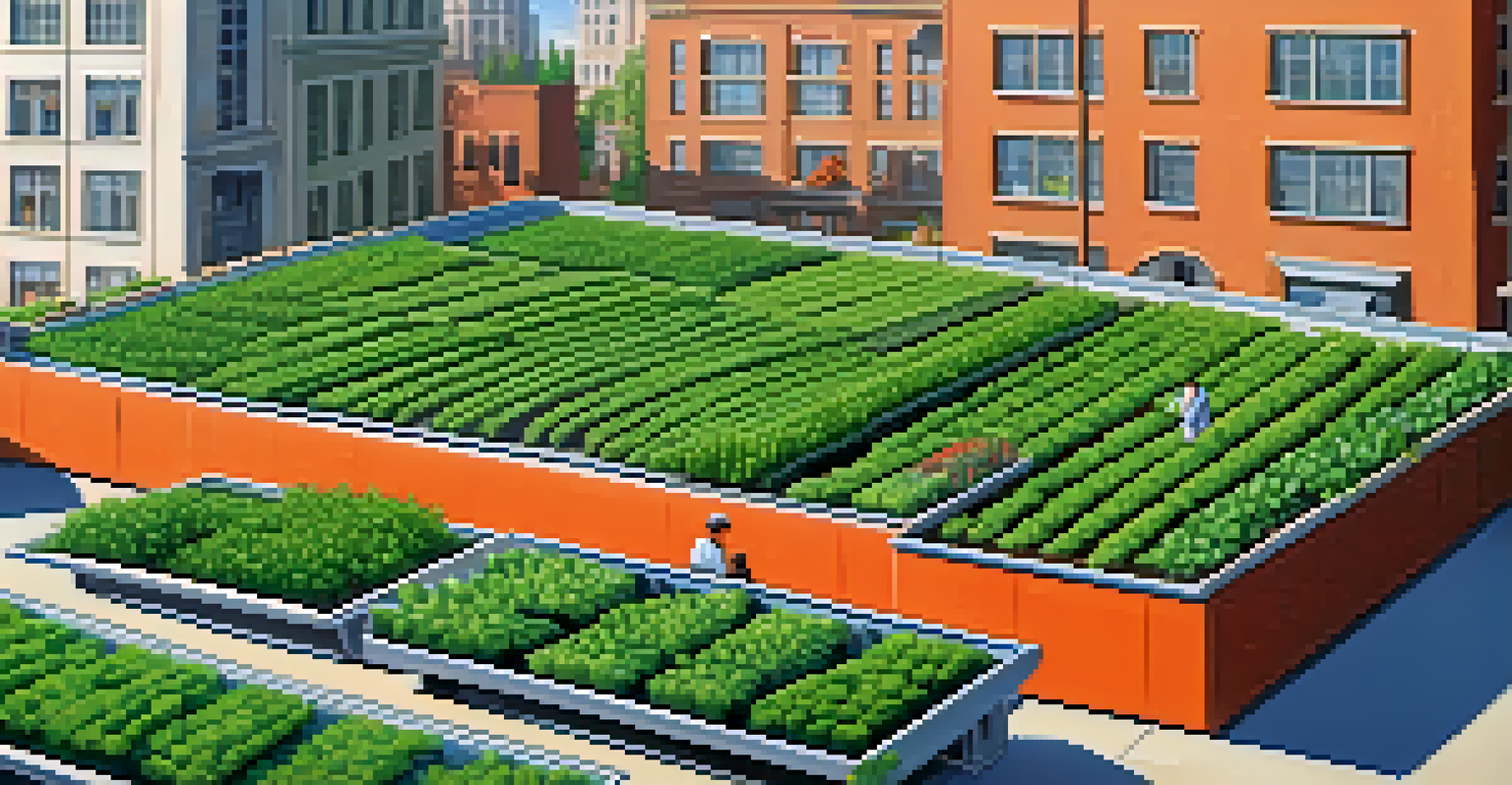 A rooftop farm with green crops and planters, surrounded by city buildings under a clear blue sky.
