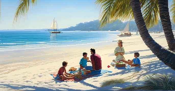 A family enjoying a picnic on a beautiful beach with golden sands and turquoise waters, under a palm tree, with clear blue skies and gentle waves in the background.