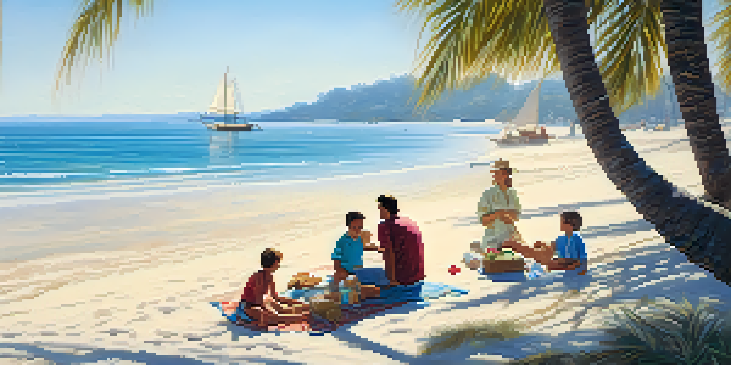 A family enjoying a picnic on a beautiful beach with golden sands and turquoise waters, under a palm tree, with clear blue skies and gentle waves in the background.