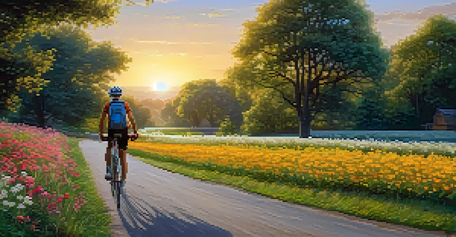 A cyclist riding on a scenic path lined with trees and flowers during sunset, promoting sustainable transportation.