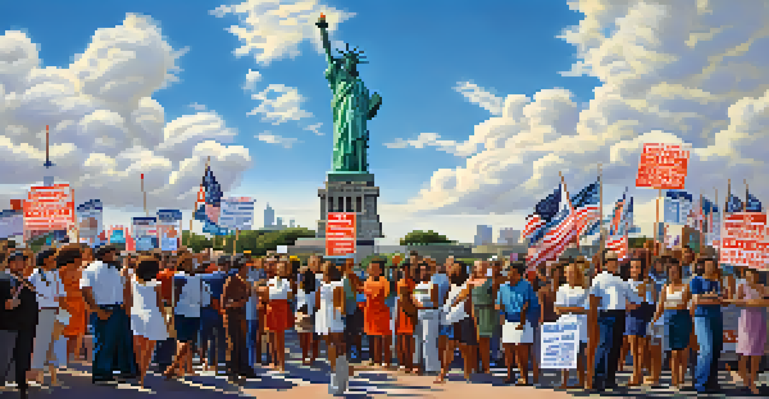 Protesters advocating for women's rights and environmental justice in front of the Statue of Liberty, symbolizing ongoing struggles for equality.