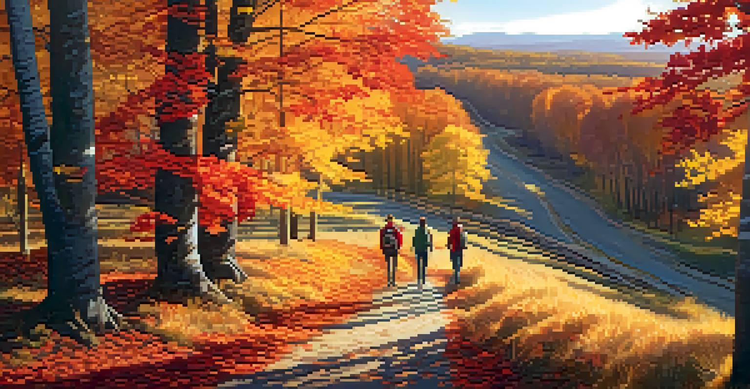 A picturesque autumn path with colorful foliage and hikers in the distance under a golden sunset.