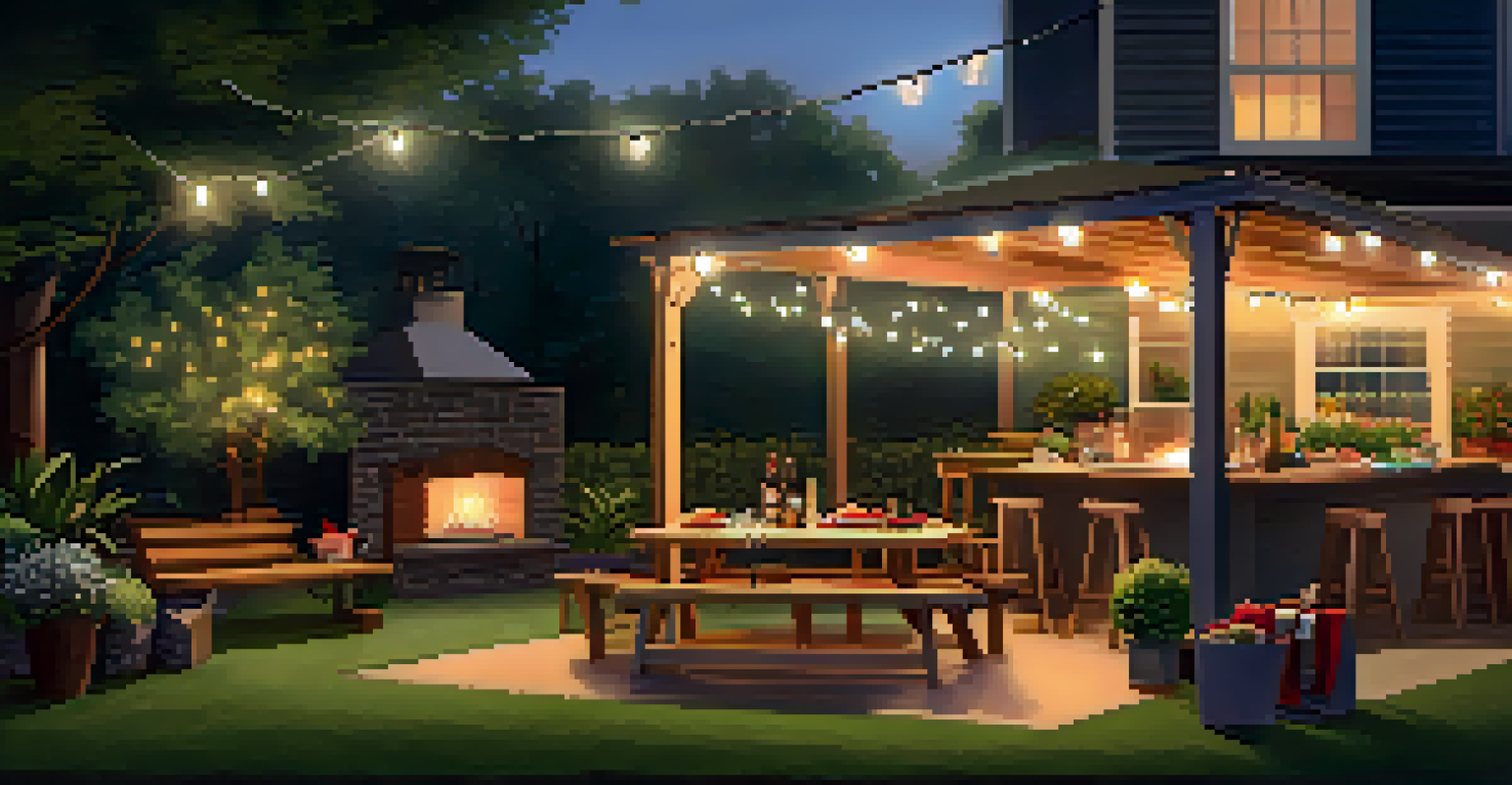 A warm and inviting backyard setup for a family gathering, featuring a barbecue grill and a beautifully arranged picnic table.