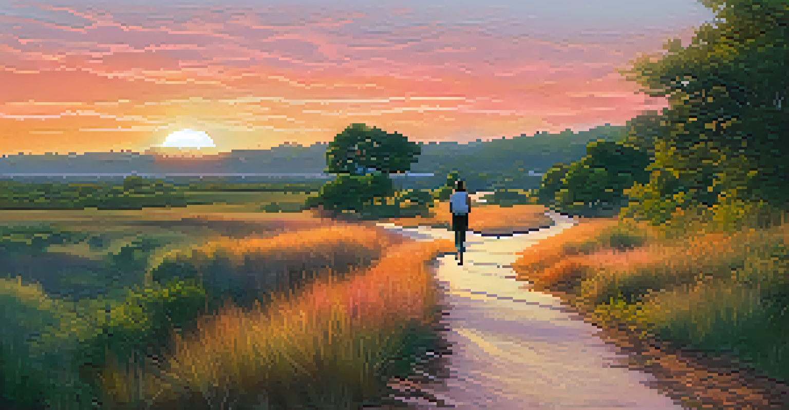 A tranquil cultural trail at sunset, surrounded by greenery and historical markers, with a person walking thoughtfully.