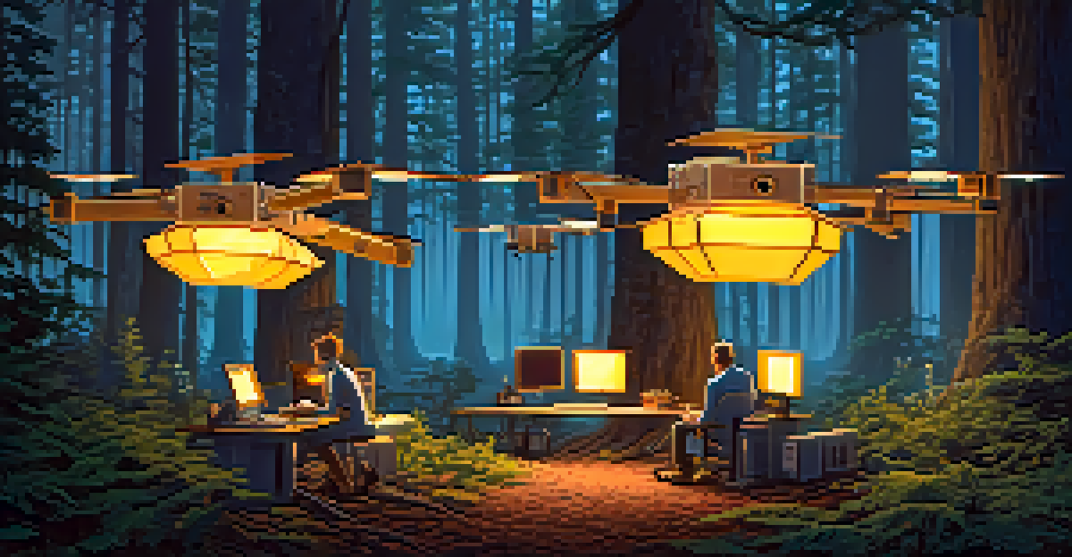 A researcher using high-tech equipment in a forest, illuminated by lanterns, analyzing Bigfoot research data.