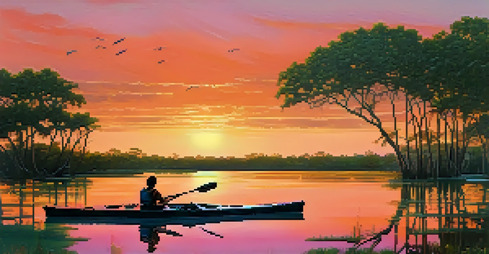 A tranquil sunset scene in the Everglades, showcasing mangroves and a kayak, with a naturalist highlighting a heron.