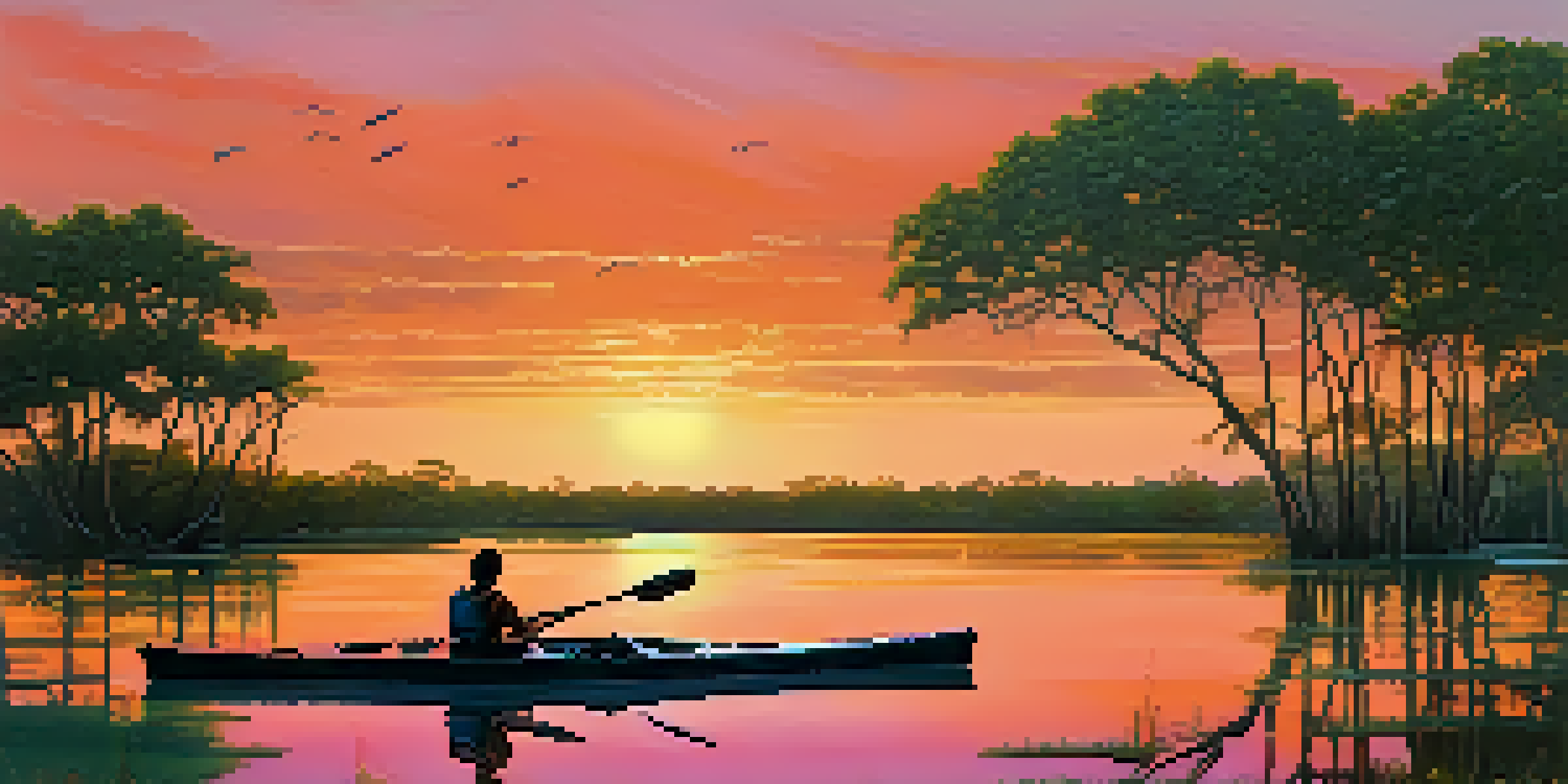 A tranquil sunset scene in the Everglades, showcasing mangroves and a kayak, with a naturalist highlighting a heron.