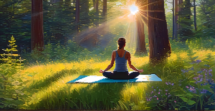 A person practicing yoga in a sunlit forest clearing, surrounded by tall trees and colorful wildflowers.