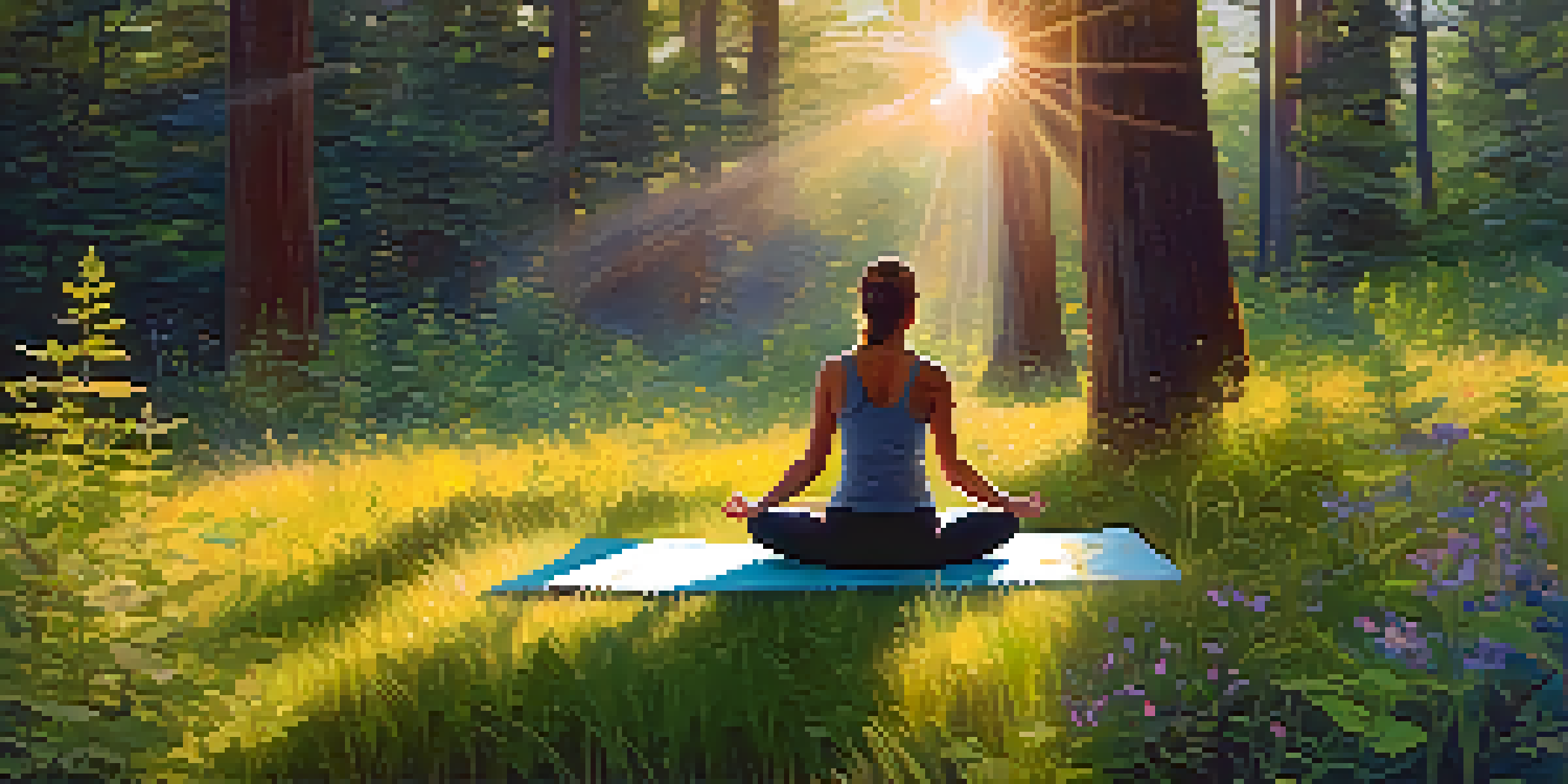 A person practicing yoga in a sunlit forest clearing, surrounded by tall trees and colorful wildflowers.
