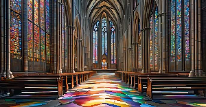 Interior of a Gothic cathedral with colorful stained glass windows and high ribbed vaults.
