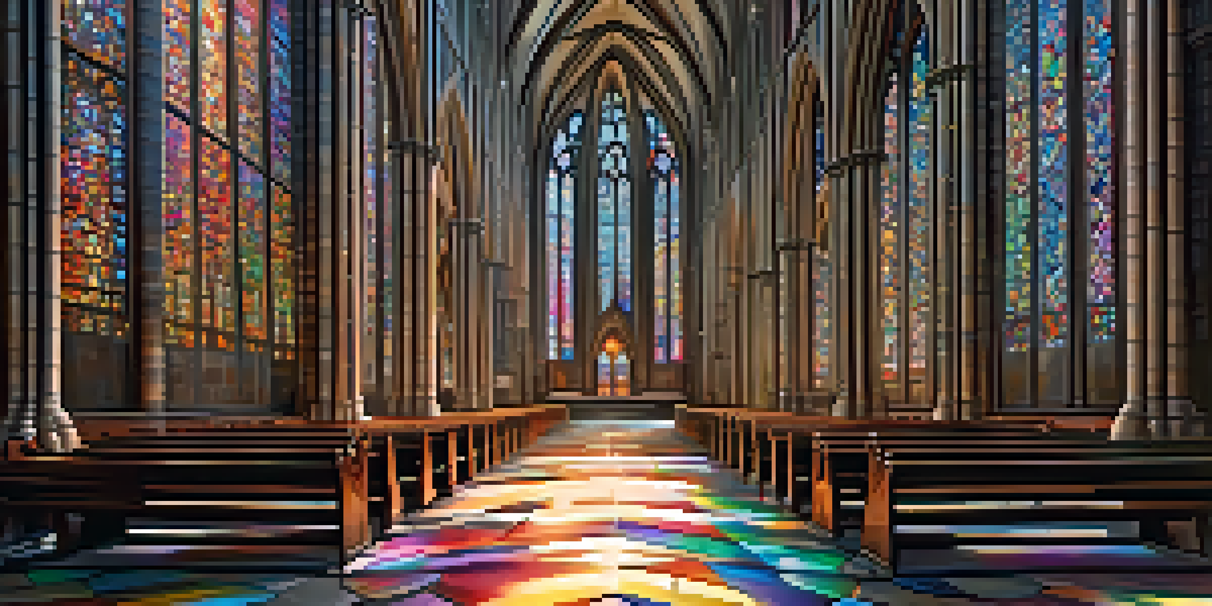 Interior of a Gothic cathedral with colorful stained glass windows and high ribbed vaults.