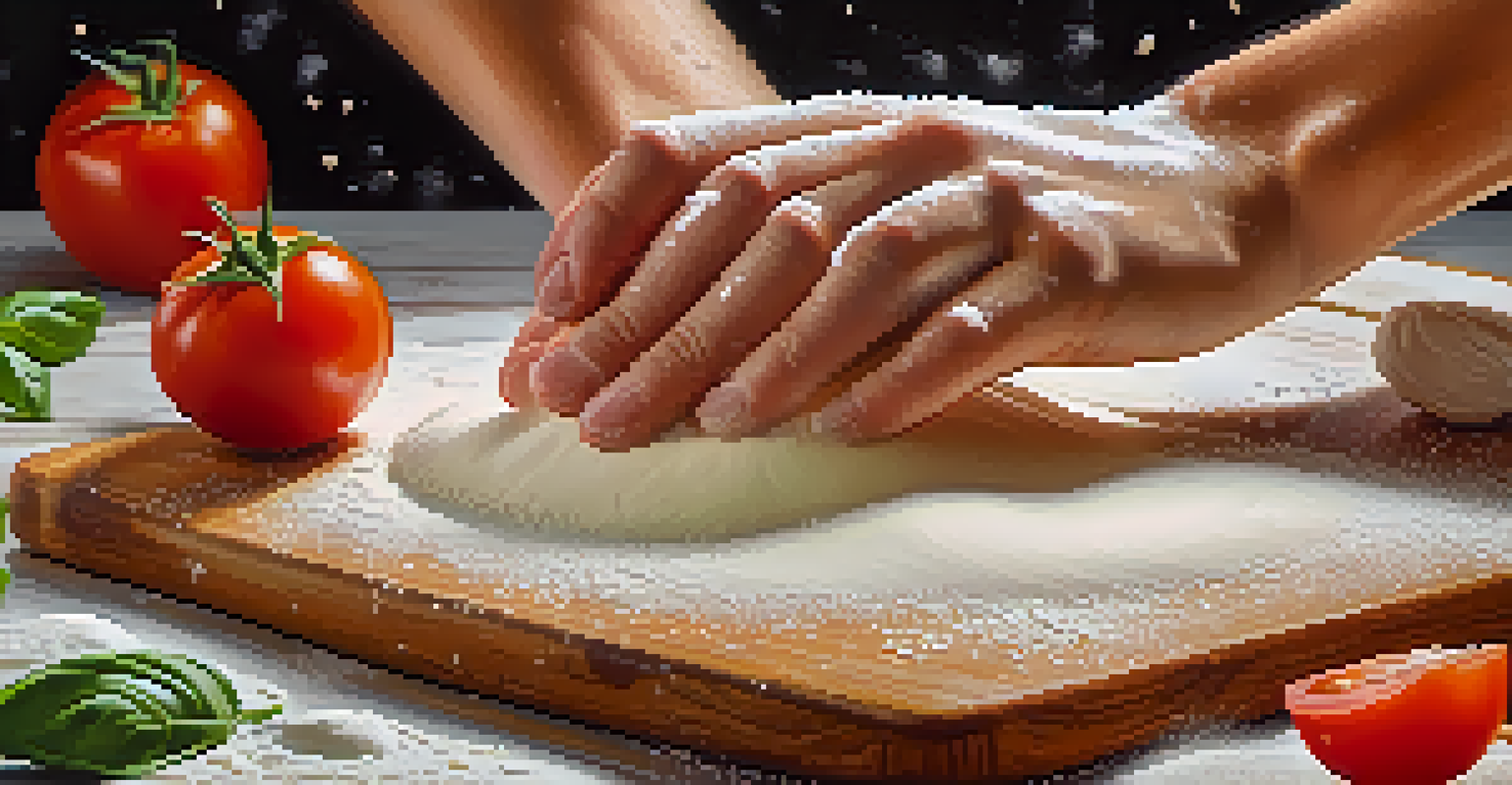 A chef's hands kneading pizza dough on a wooden countertop, surrounded by fresh ingredients like tomatoes, basil, and mozzarella cheese.