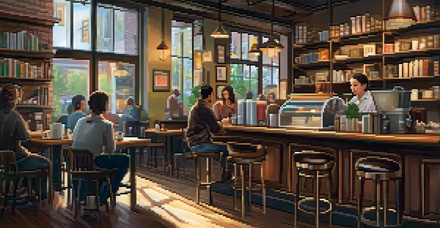 A cozy coffee shop with warm lighting, wooden furniture, and customers enjoying coffee and conversation.