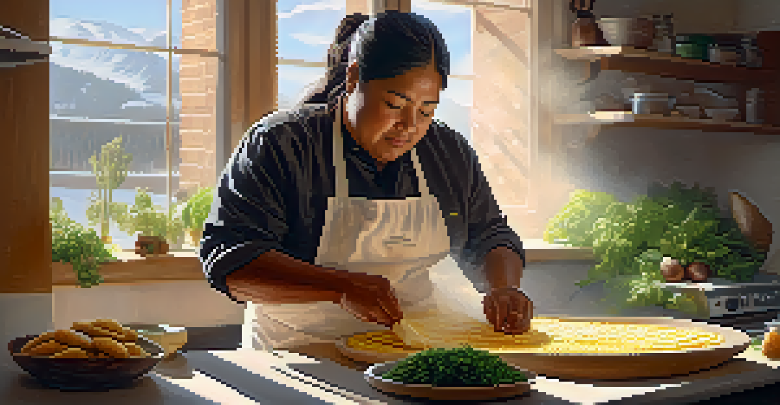 An indigenous chef making fry bread in a modern kitchen, with ingredients displayed on the counter and sunlight illuminating the dough.