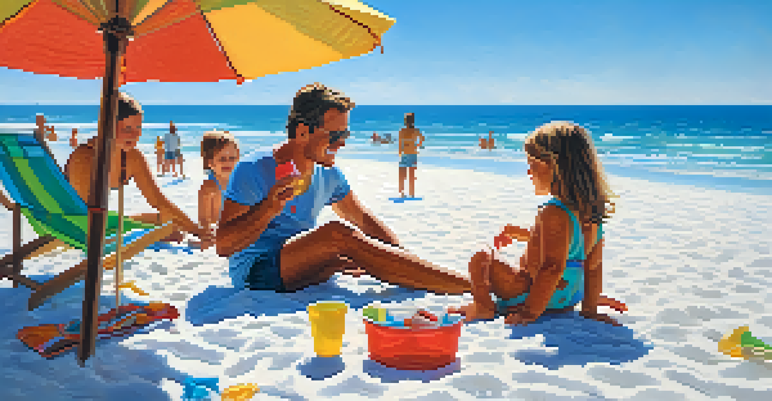 A family building sandcastles on the Emerald Coast, surrounded by turquoise waters and colorful beach umbrellas.
