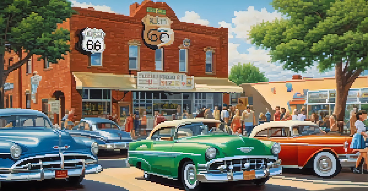 A colorful mural illustrating Route 66's history, featuring landmarks and vintage cars, on a brick wall with greenery.
