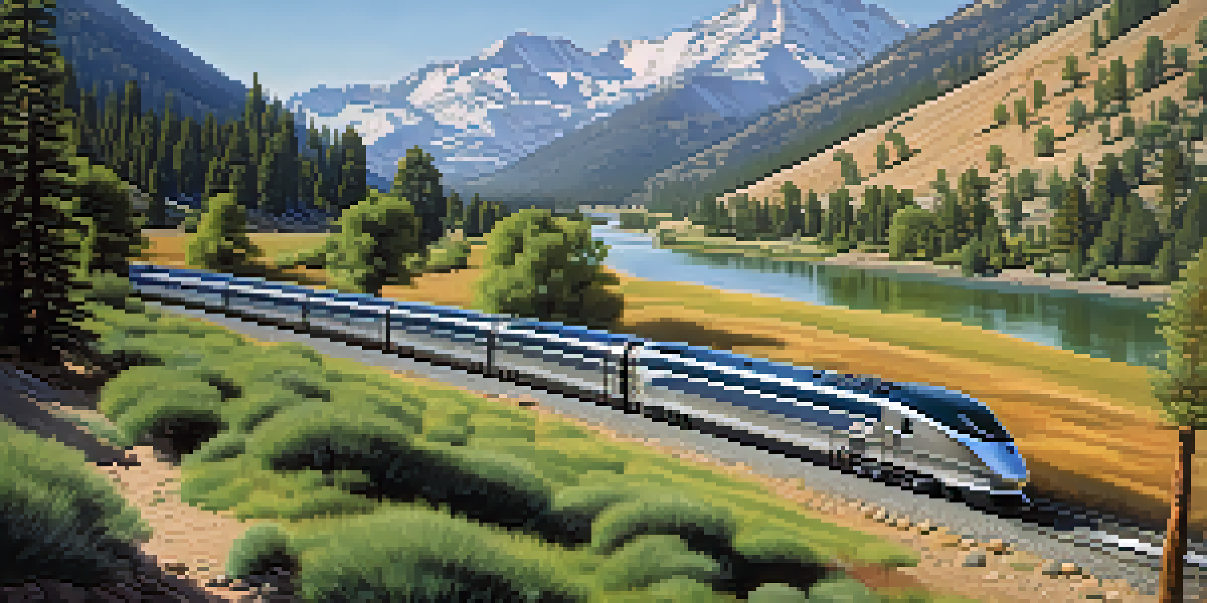 A scenic view of the California Zephyr train traveling through the Sierra Nevada mountains, with lush green valleys and snow-capped peaks in the background.