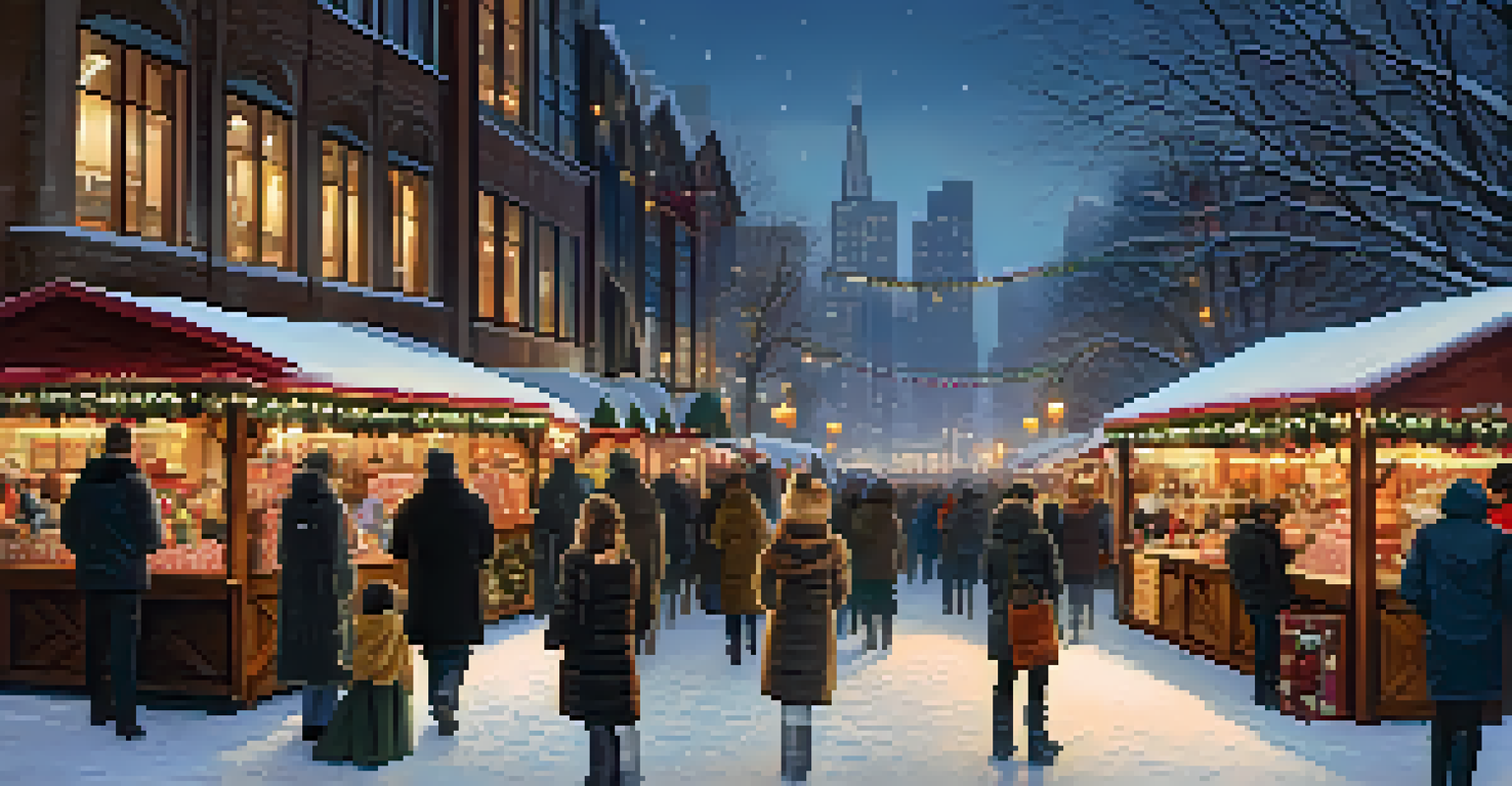 A winter market in Chicago with festive stalls, people in warm clothing, and twinkling lights in a snowy setting.