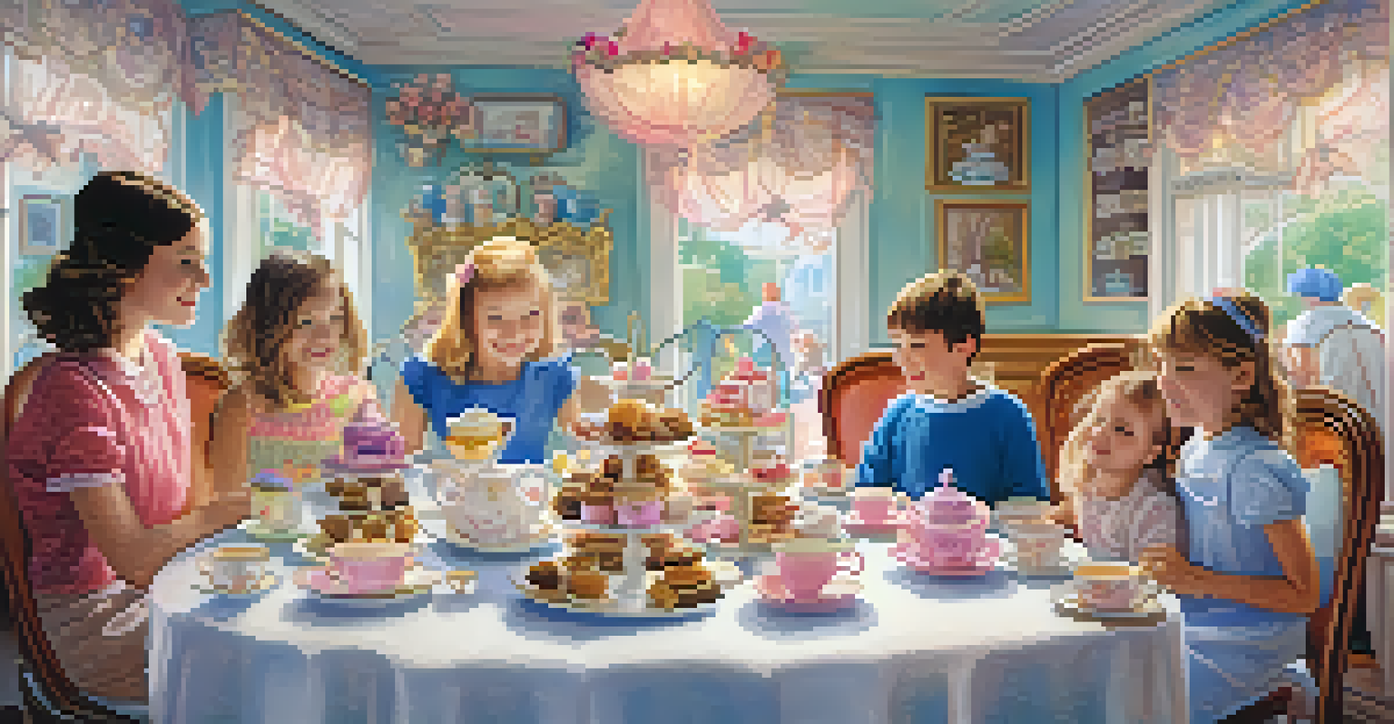 A whimsical tea party at Alice's Tea Cup with colorful pastries and mismatched teacups.