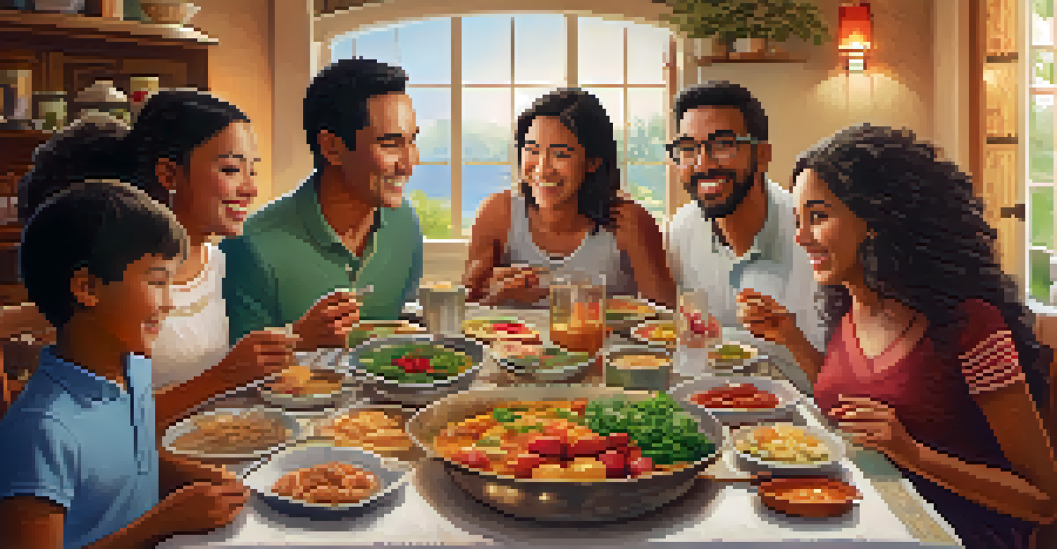 A family gathered around a dining table, enjoying diverse dishes and sharing stories in a warm atmosphere.