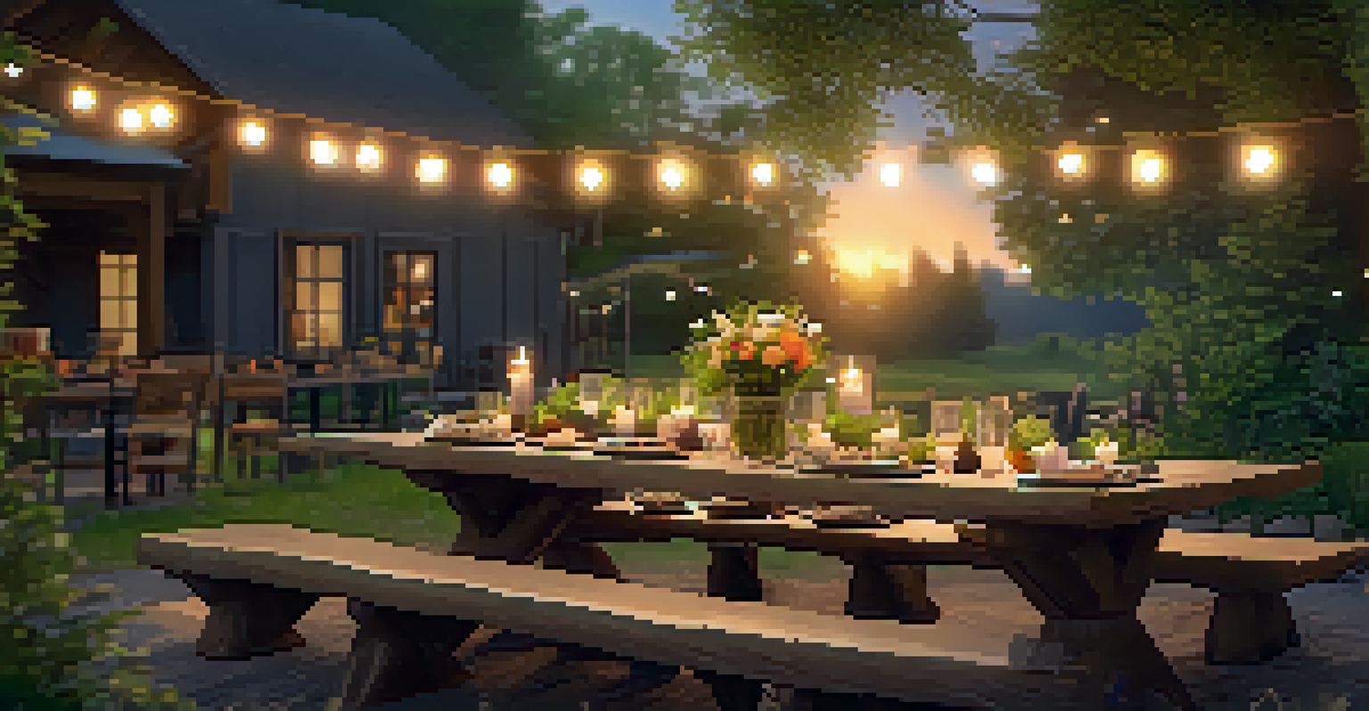 A cozy outdoor dining setup in nature with a rustic table, flowers, and fairy lights.