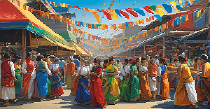 A lively cultural festival with diverse people, food stalls, traditional dancers, and colorful decorations under a bright blue sky.