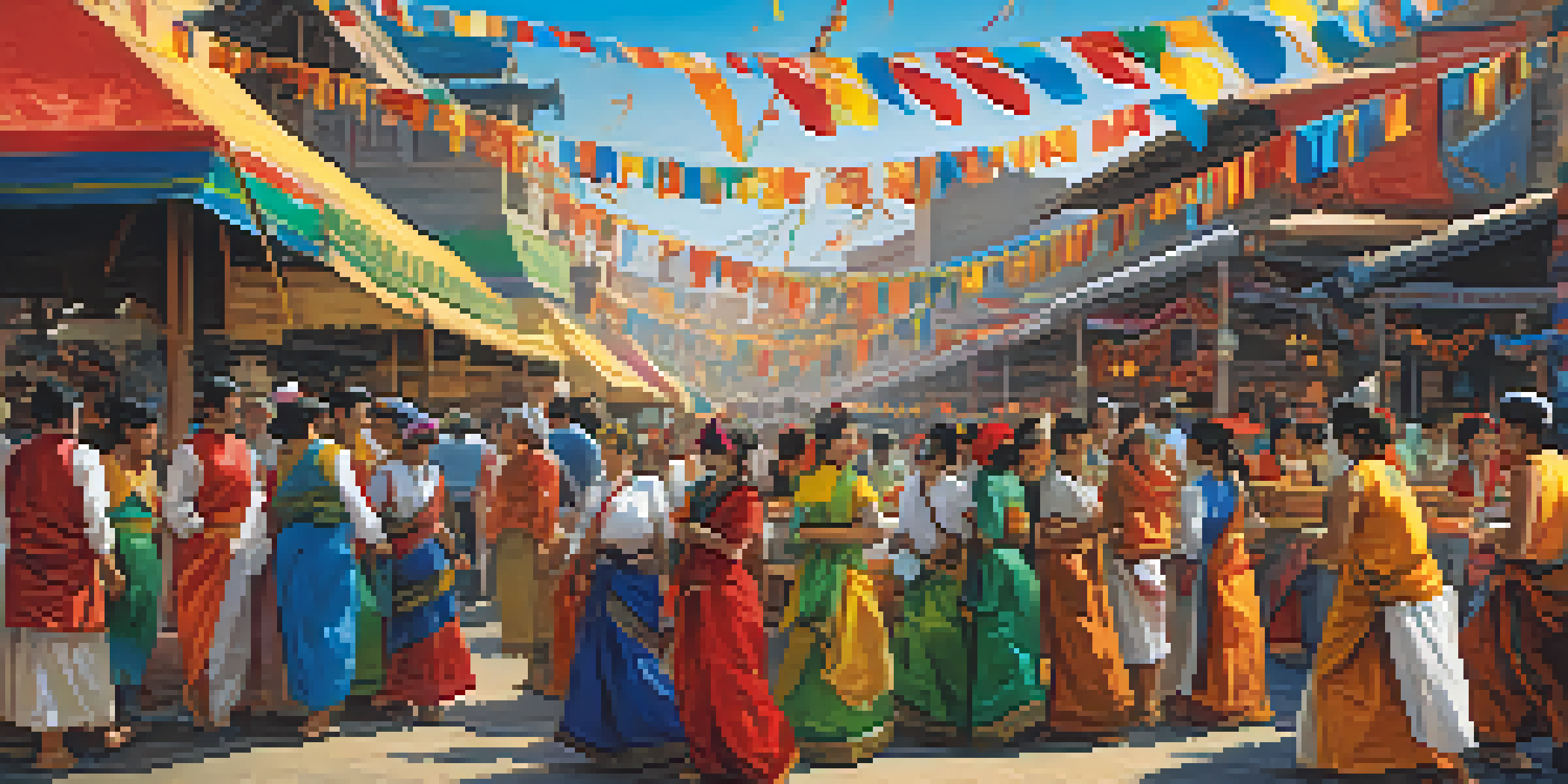 A lively cultural festival with diverse people, food stalls, traditional dancers, and colorful decorations under a bright blue sky.