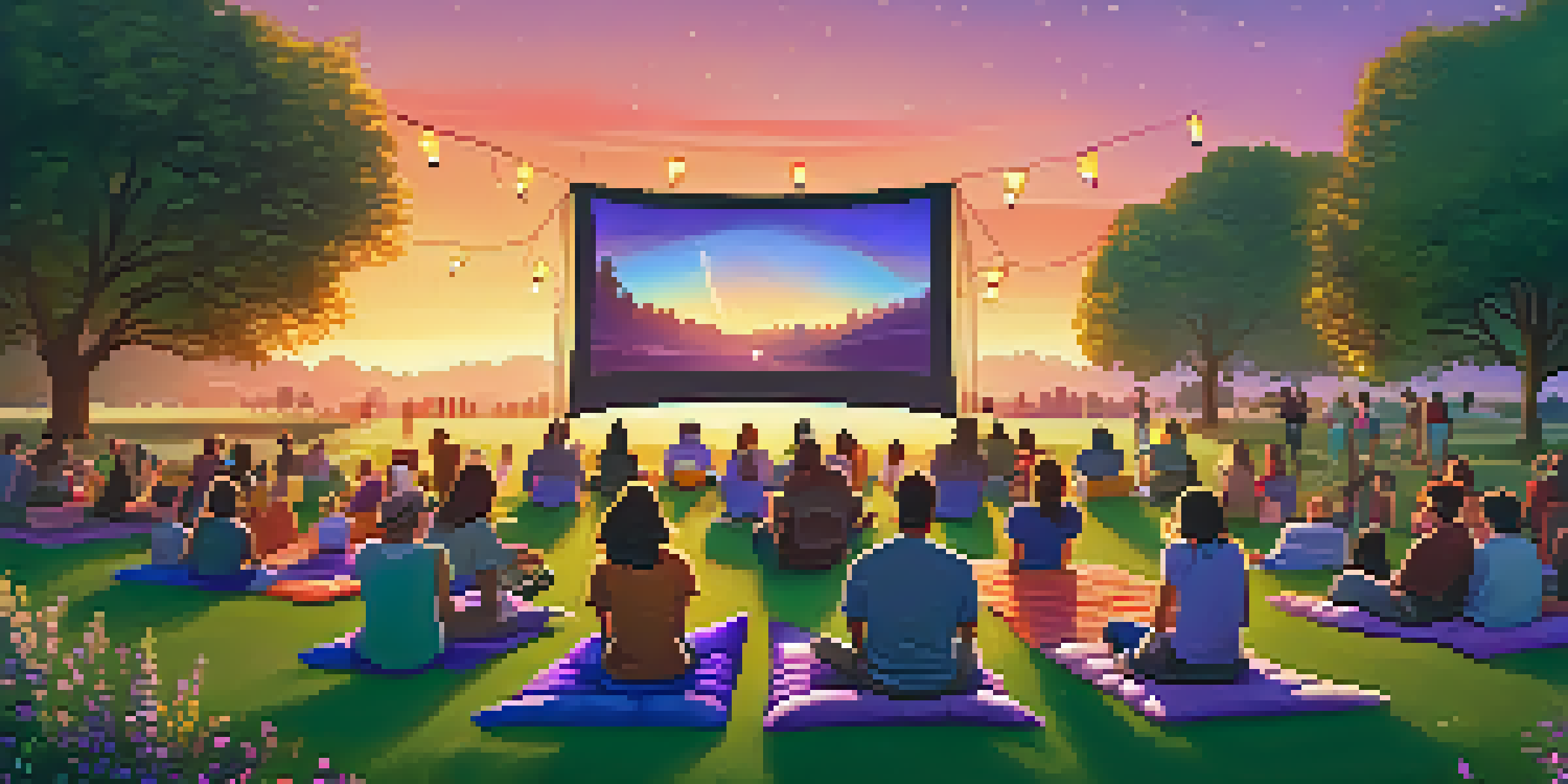 People enjoying an outdoor film screening in a park with an inflatable screen, colorful blankets, and a sunset sky.