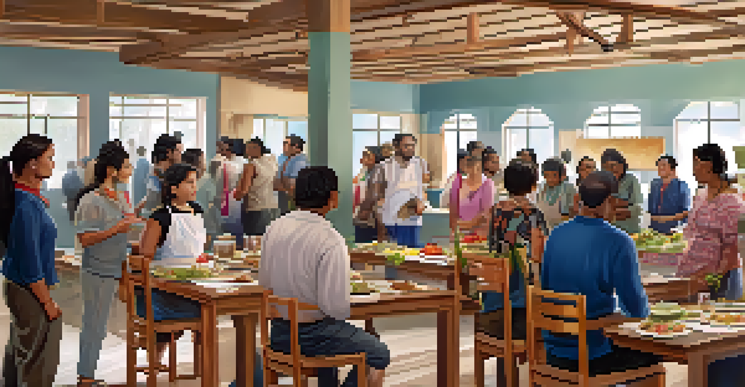 A workshop in a community center with locals learning hospitality skills, featuring cooking demonstrations and cultural artifacts.