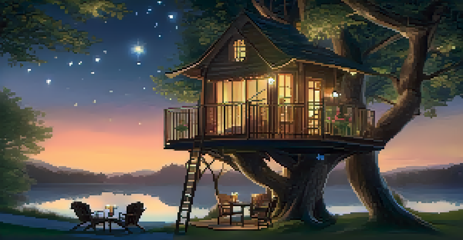 A romantic treehouse interior with soft lighting and a starry night view from the deck.