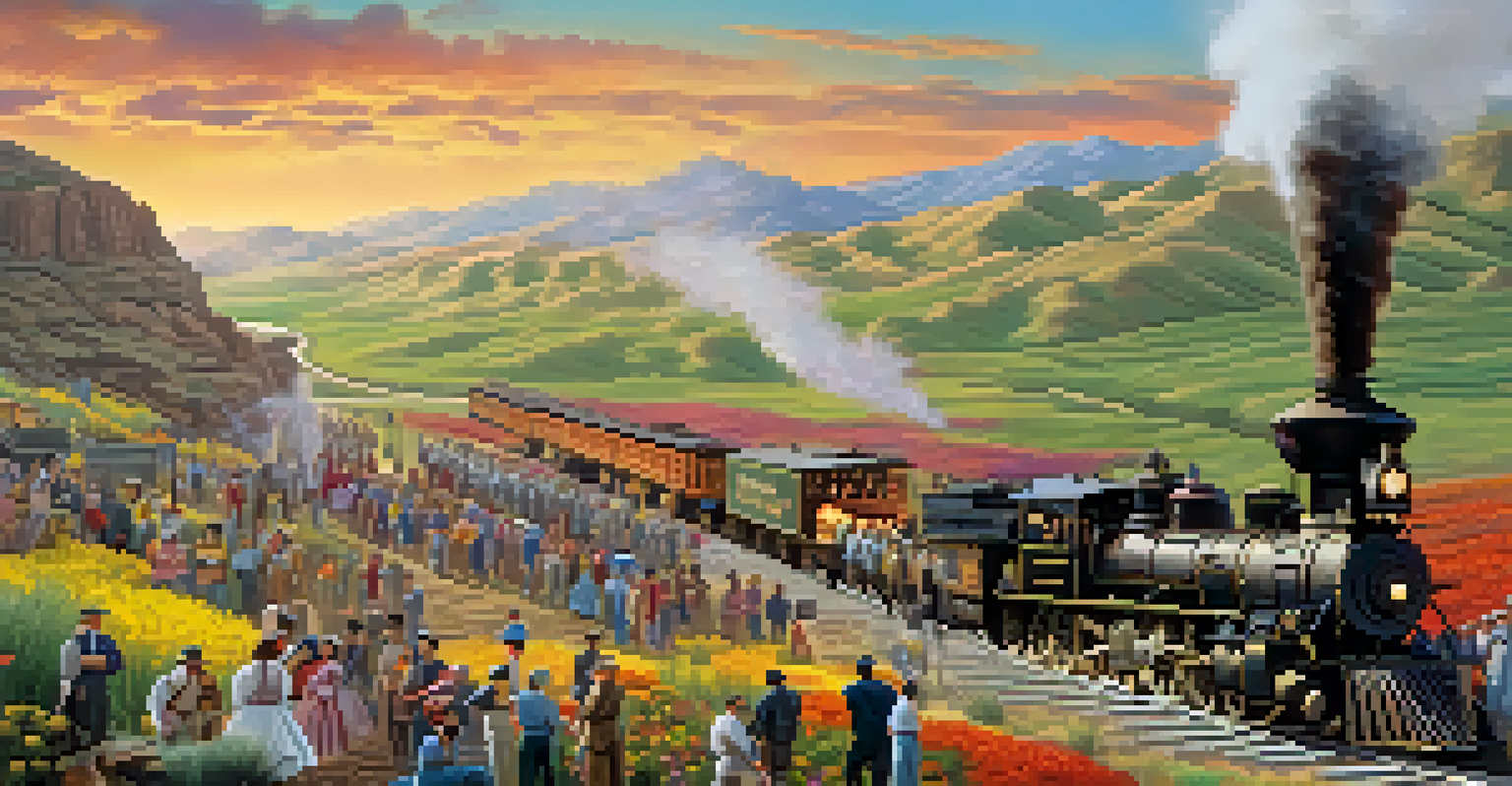 A festive scene celebrating the completion of the first transcontinental railroad, with diverse people and steam locomotives in a beautiful landscape.