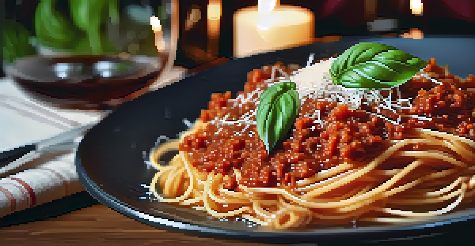 A close-up view of a plate of spaghetti with Bolognese sauce and basil, illuminated by candlelight.