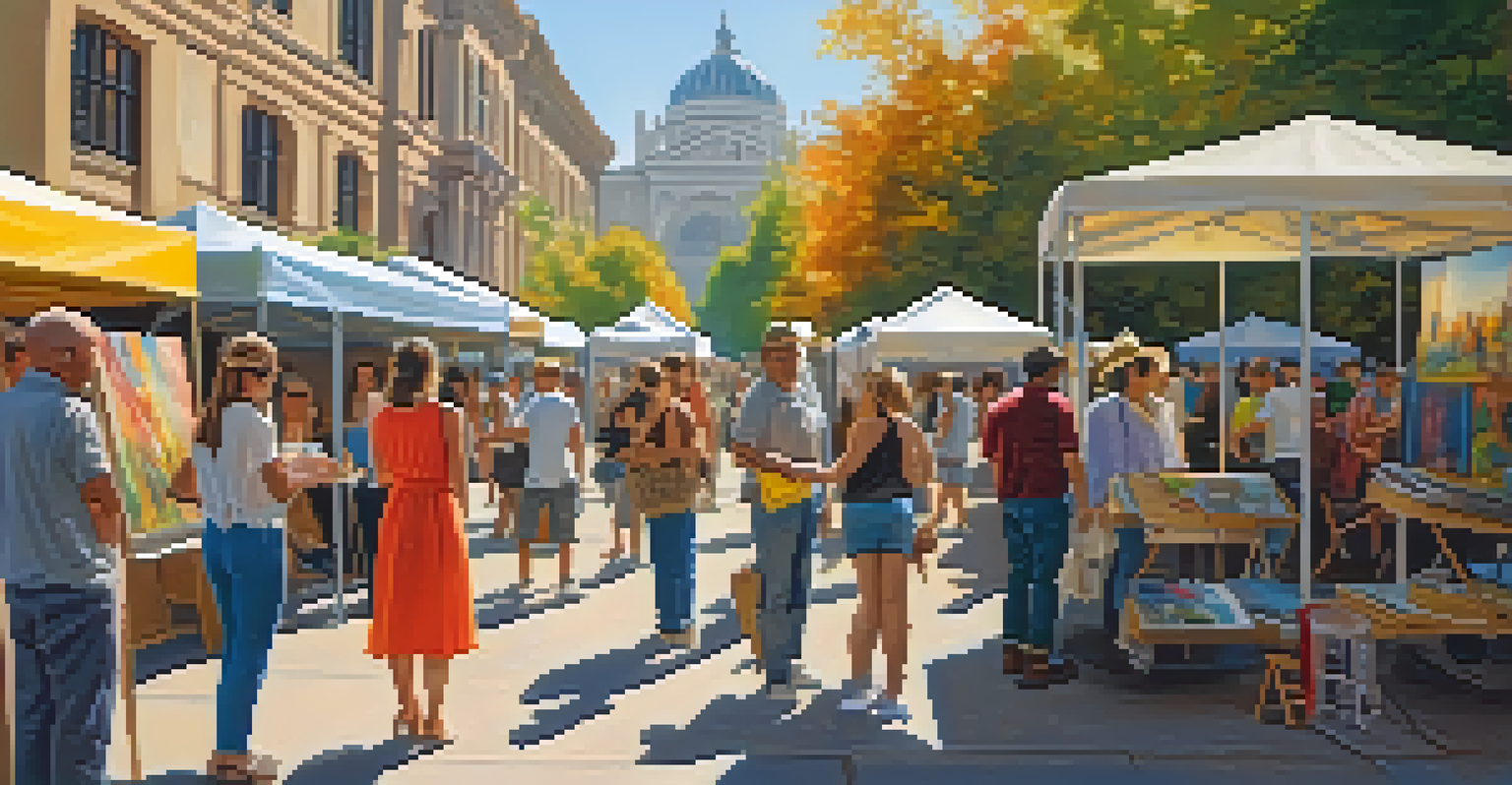 An outdoor art festival with artists displaying their work and visitors engaging with the art.