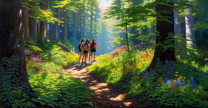A group of teenagers hiking in a forest, engaged in exploring their surroundings with sunlight filtering through the trees.