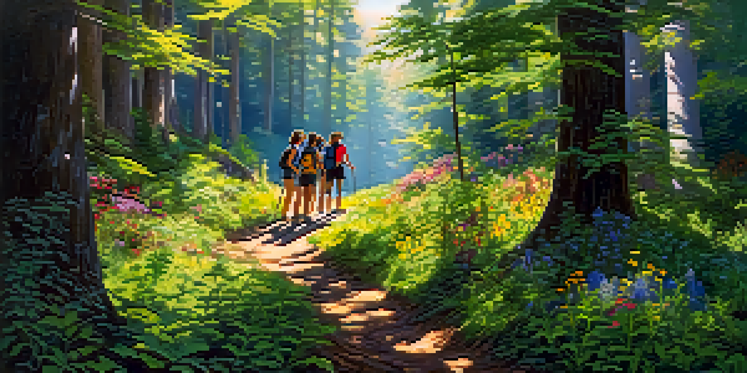 A group of teenagers hiking in a forest, engaged in exploring their surroundings with sunlight filtering through the trees.