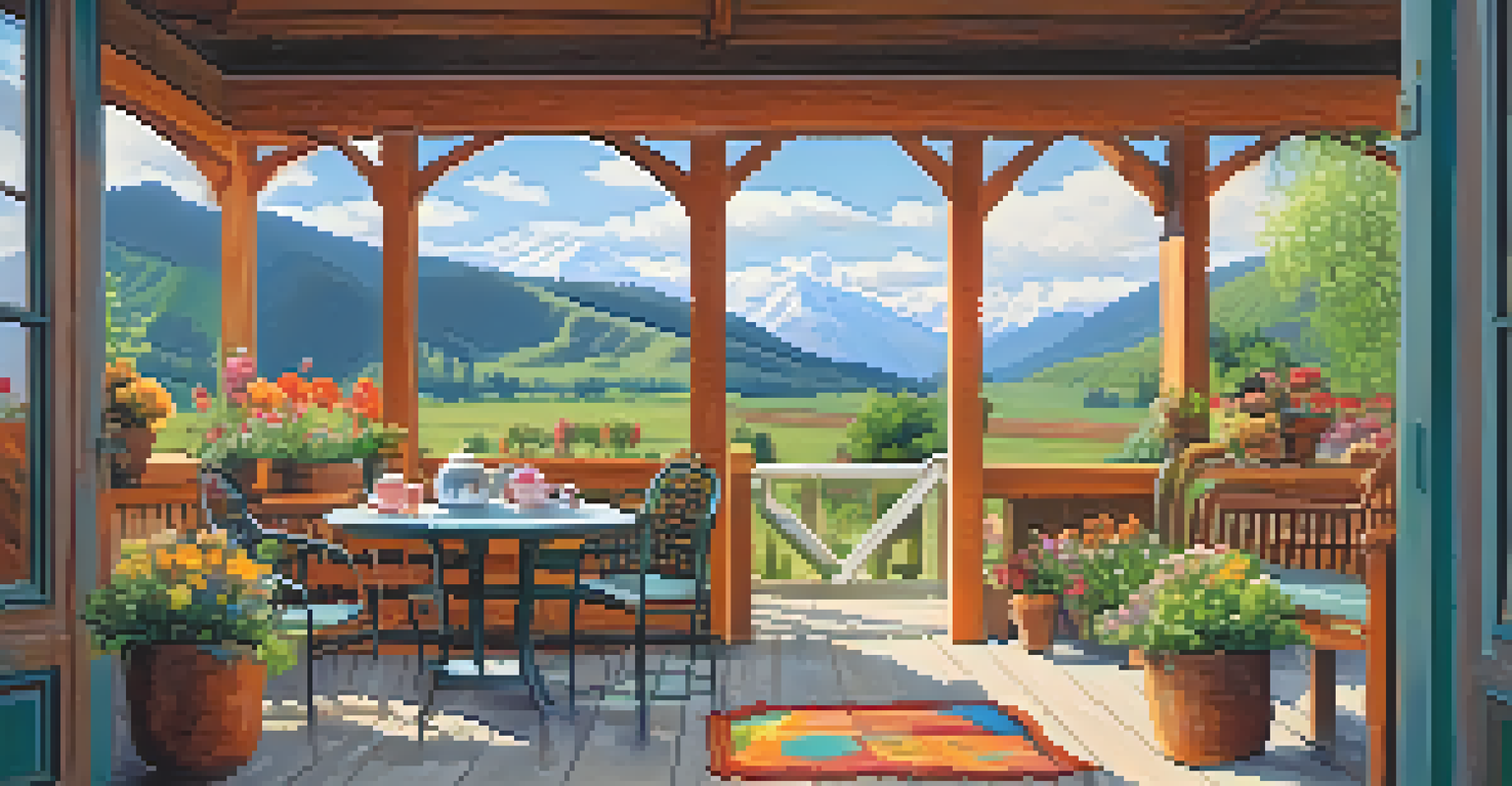 A local guesthouse with colorful artwork, where guests enjoy tea on the porch surrounded by flowers and mountains in the background.