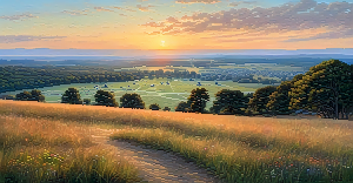 A scenic view of the Gettysburg battlefield at sunset, showcasing rolling hills, wildflowers, and memorials.
