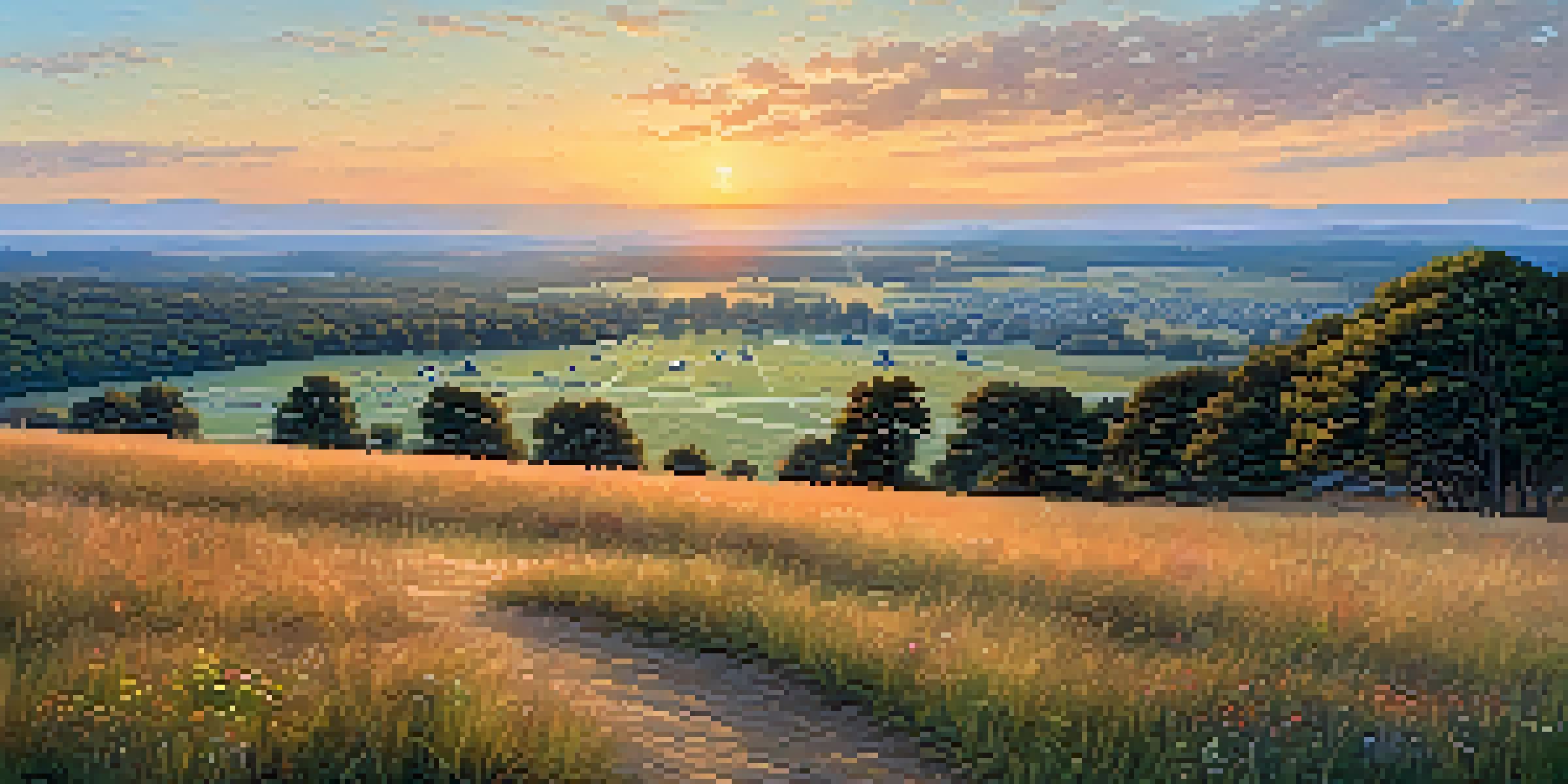 A scenic view of the Gettysburg battlefield at sunset, showcasing rolling hills, wildflowers, and memorials.