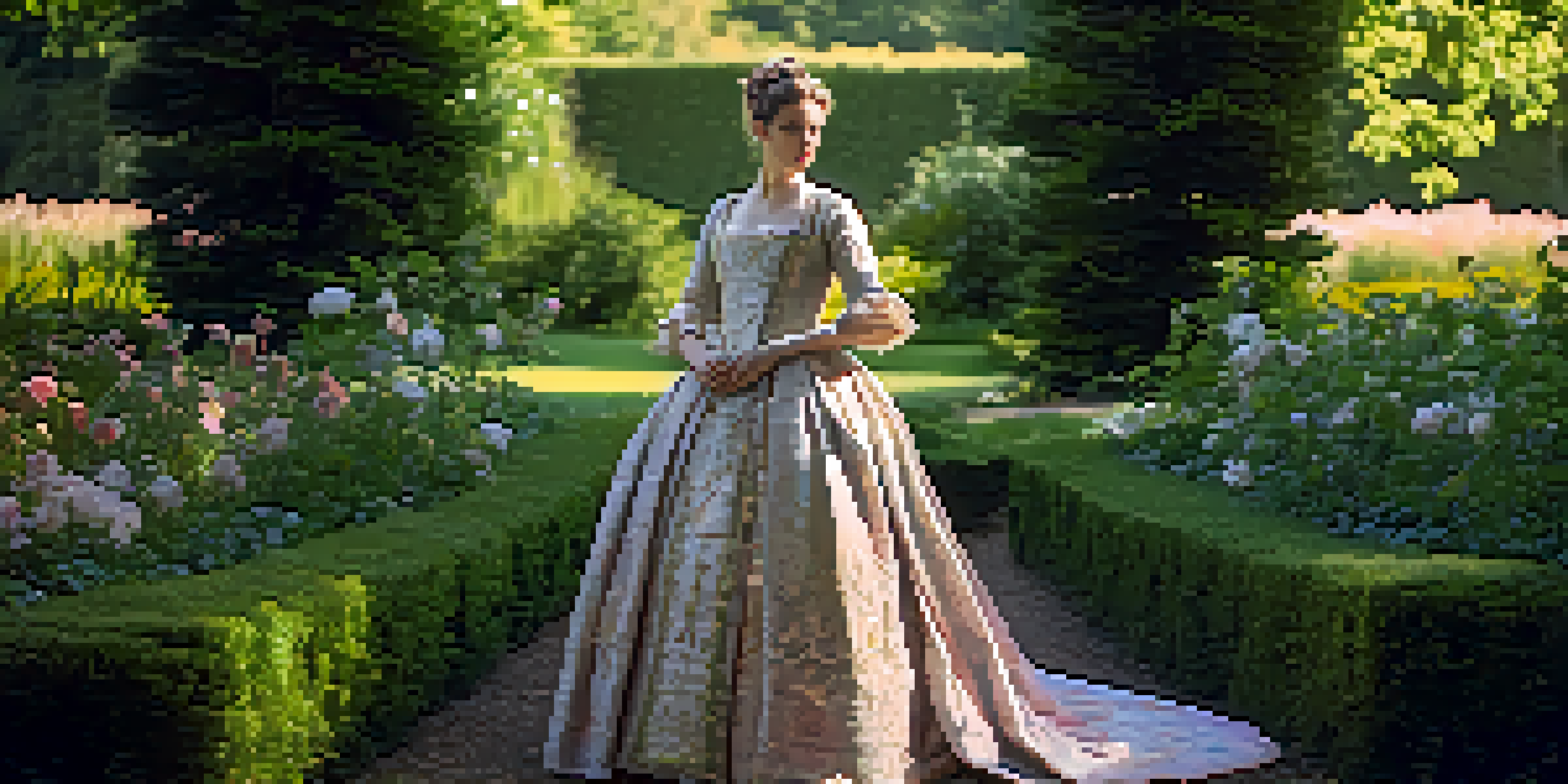 A reenactor in an elaborate 18th-century gown stands in a sunlit garden, surrounded by lush greenery and colorful flowers.