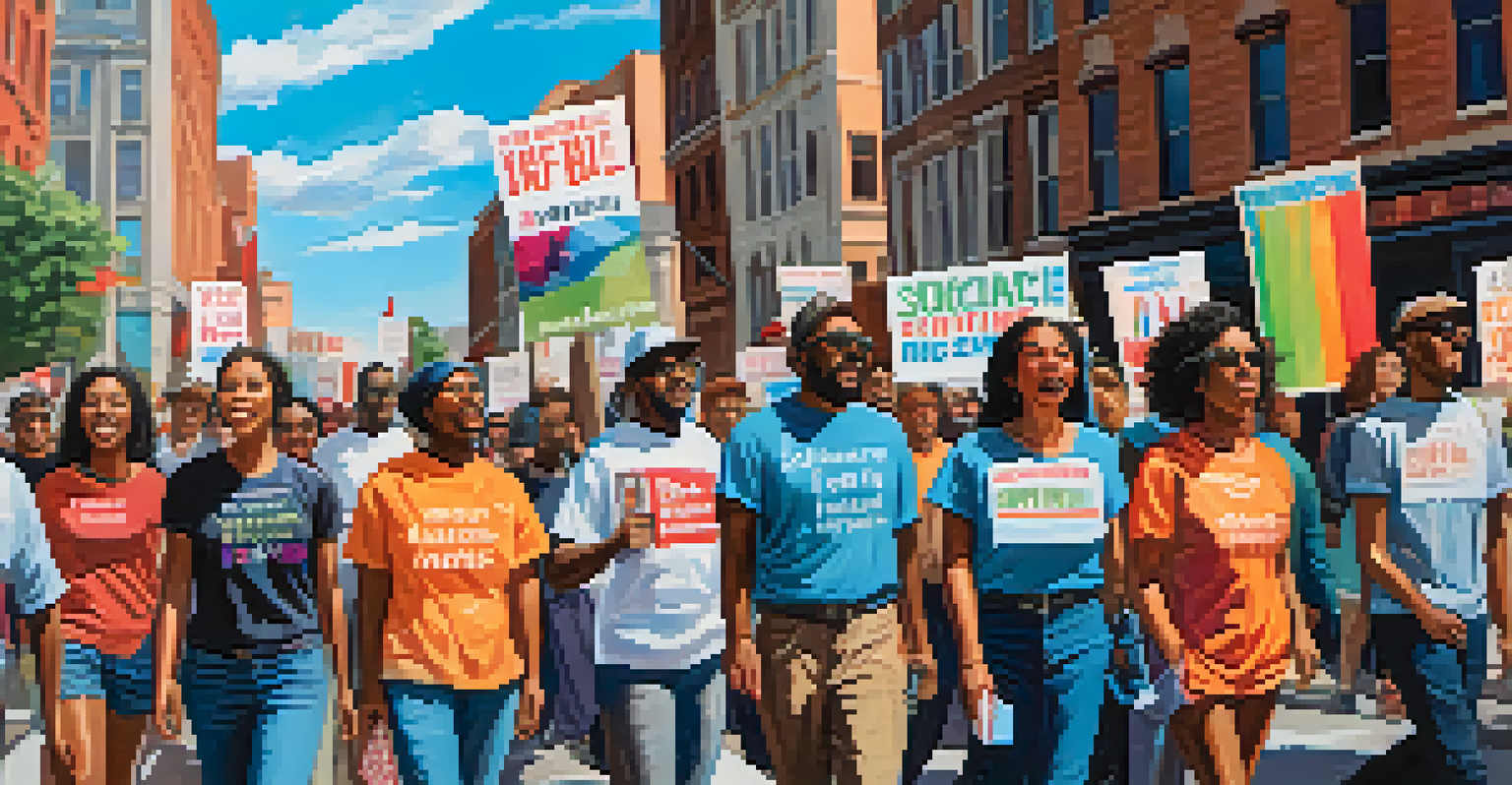 A diverse group of activists marching peacefully, holding signs for social justice under a bright blue sky.