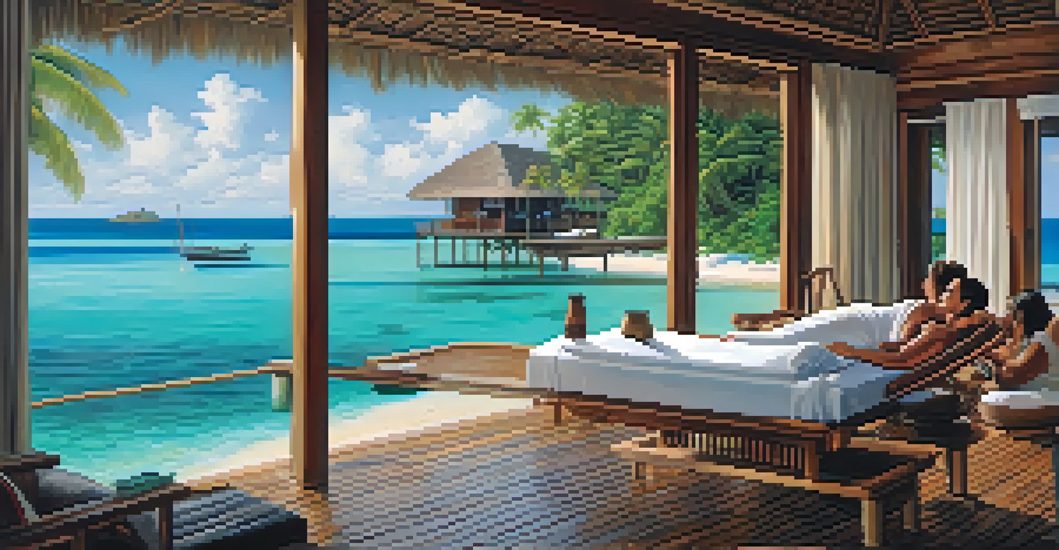 A luxurious overwater bungalow in the Maldives with a couple enjoying a massage and ocean views.