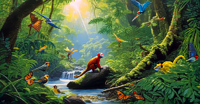 A colorful rainforest scene with wildlife, sunlight filtering through trees, and a small stream.
