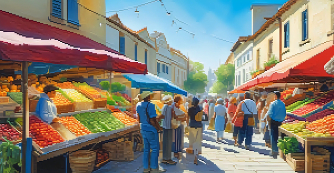 A bustling local market with colorful stalls displaying fresh fruits, flowers, and crafts, with people engaging and enjoying the atmosphere.