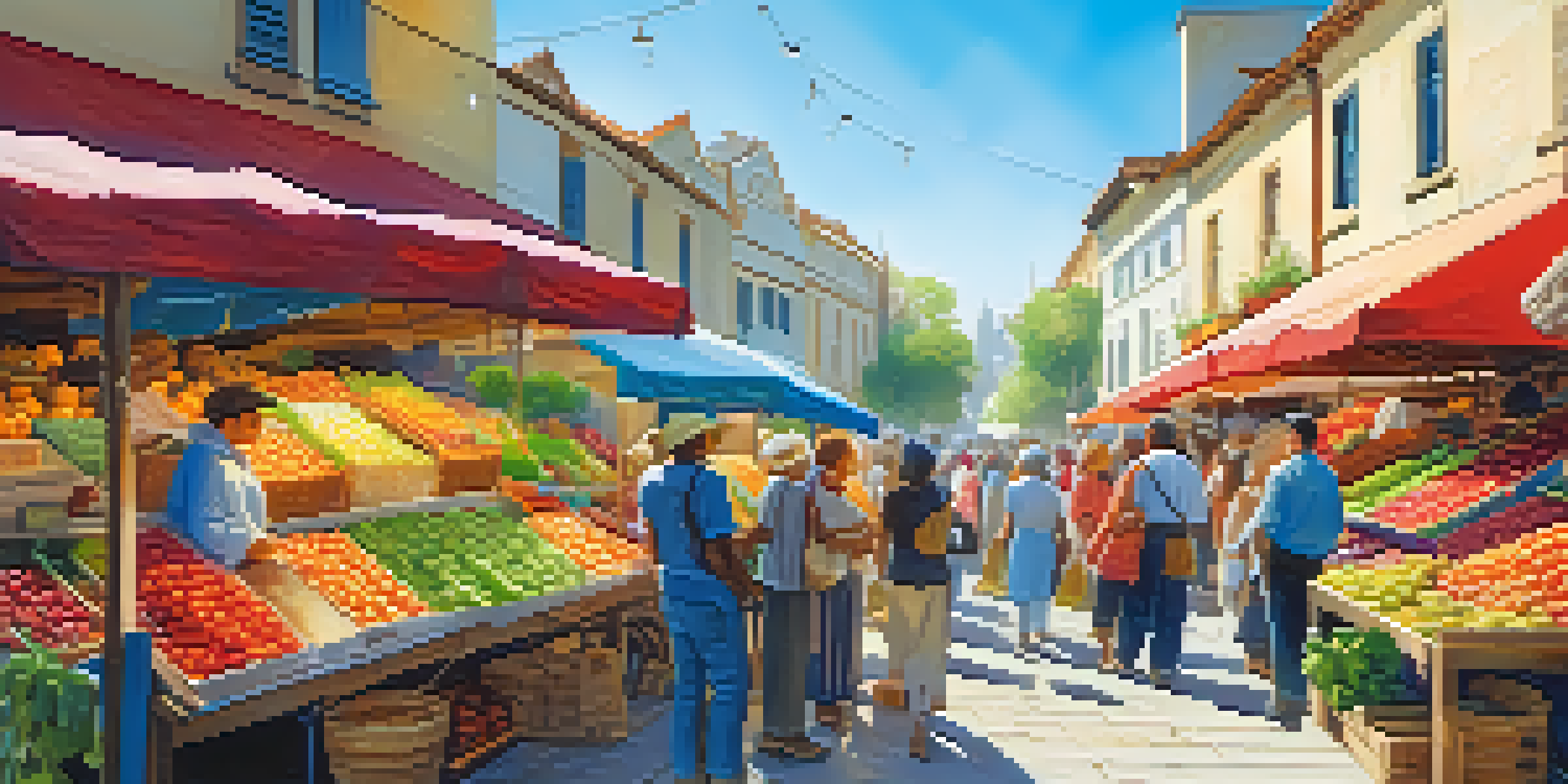 A bustling local market with colorful stalls displaying fresh fruits, flowers, and crafts, with people engaging and enjoying the atmosphere.