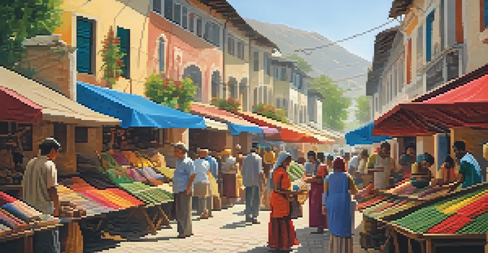 A lively market scene with local artisans selling colorful handmade crafts and textiles, with tourists interacting with friendly residents under sunny skies.
