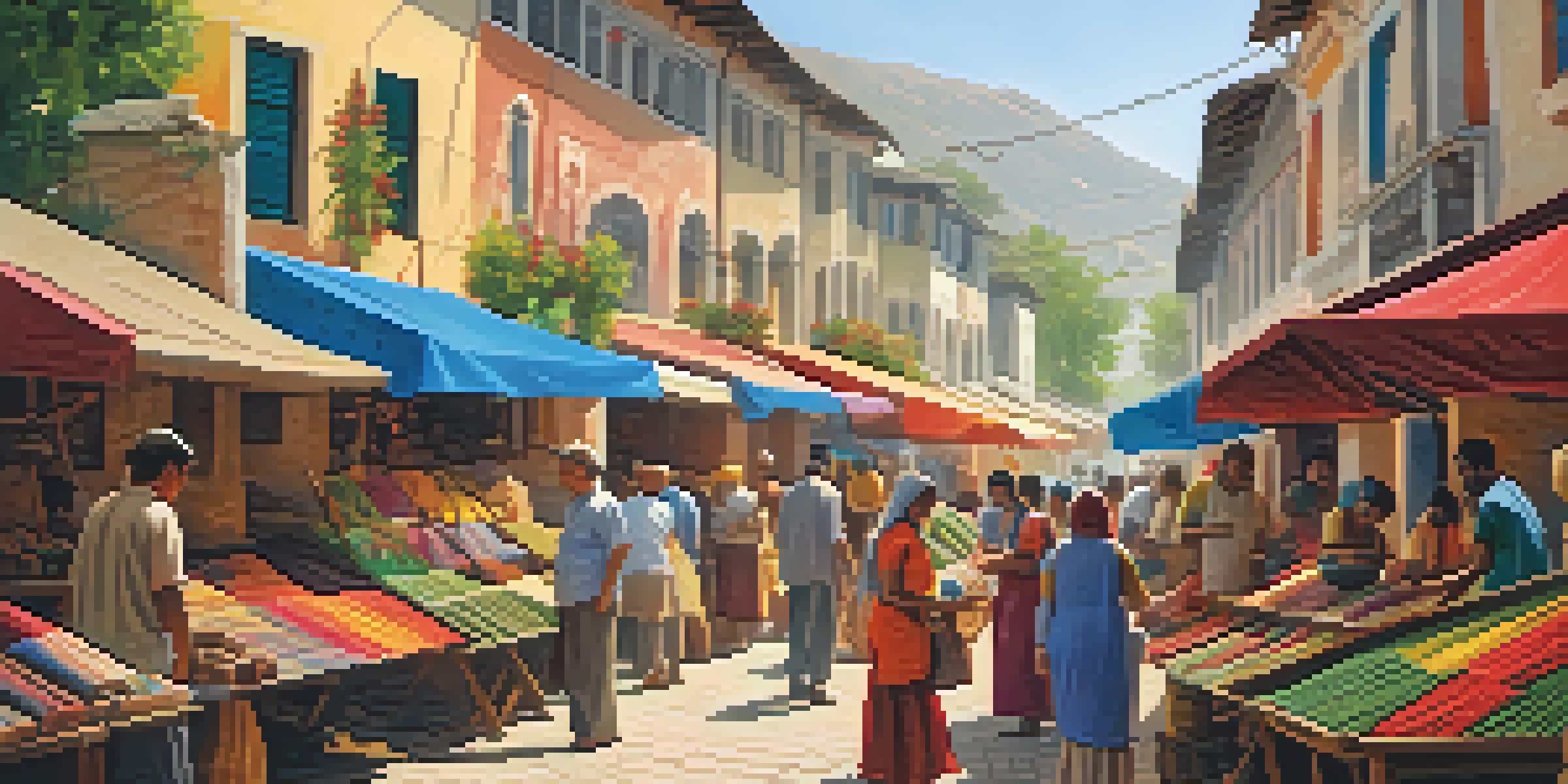 A lively market scene with local artisans selling colorful handmade crafts and textiles, with tourists interacting with friendly residents under sunny skies.